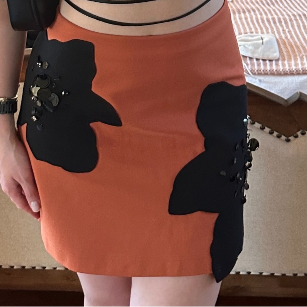 Maeve Rust Orange Mini Skirt with Black Appliqué